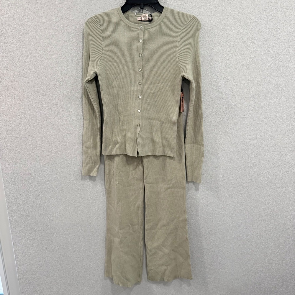 NEW Sincerely Jules Womens S 2 Piece Ribbed Knit Cardigan Wide Leg Pants Set